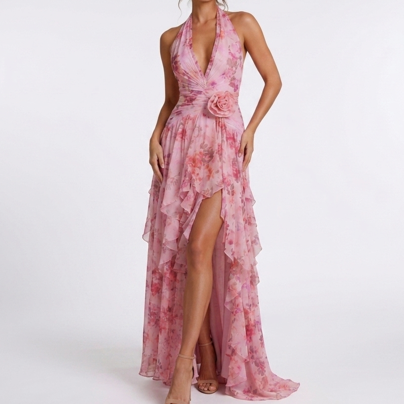 Colette Floral Halter Ruffle Maxi Dress – view 2
