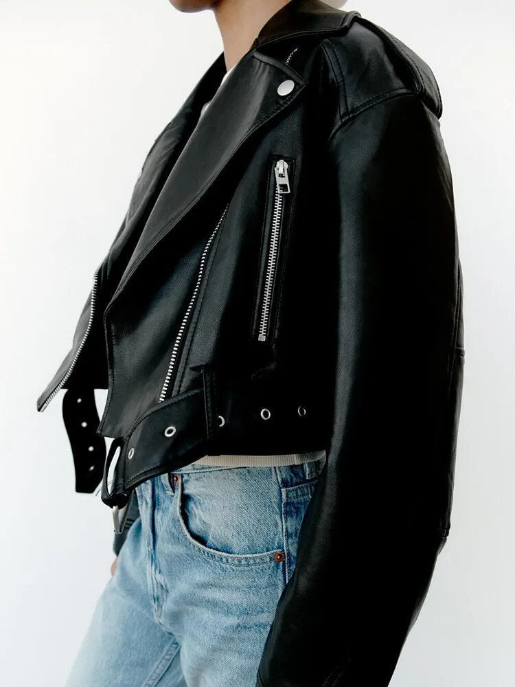 Esme Cropped Faux Leather Biker Jacket – view 1