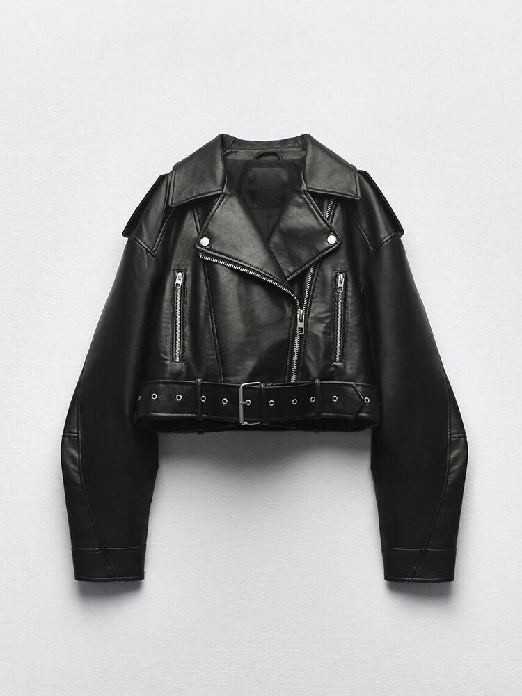 Esme Cropped Faux Leather Biker Jacket – view 2