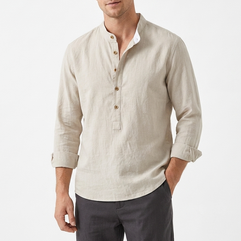 Ithaca Mandarin-Collar Linen Shirt – view 1