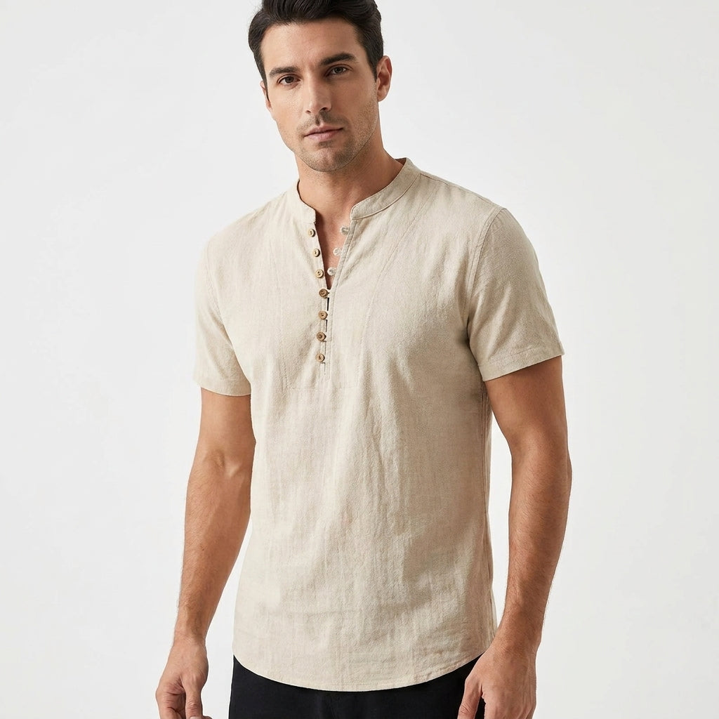 Upton Linen Band Collar Button Tee – view 1